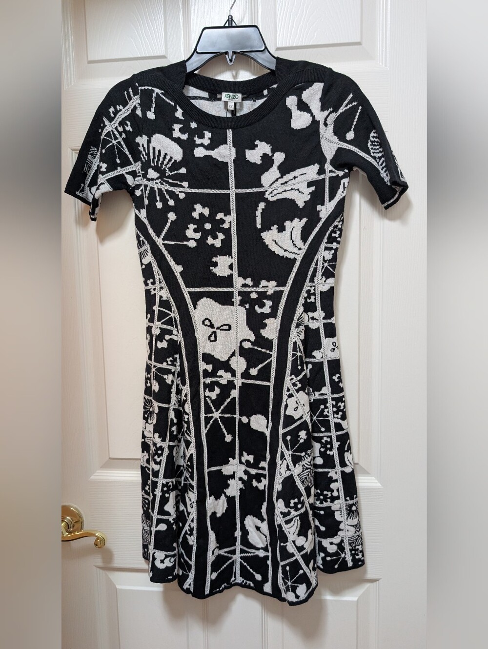 NWT Kenzo Tanami Flower Jaquard Intarsia Knit Black White Cotton Dress Size XS